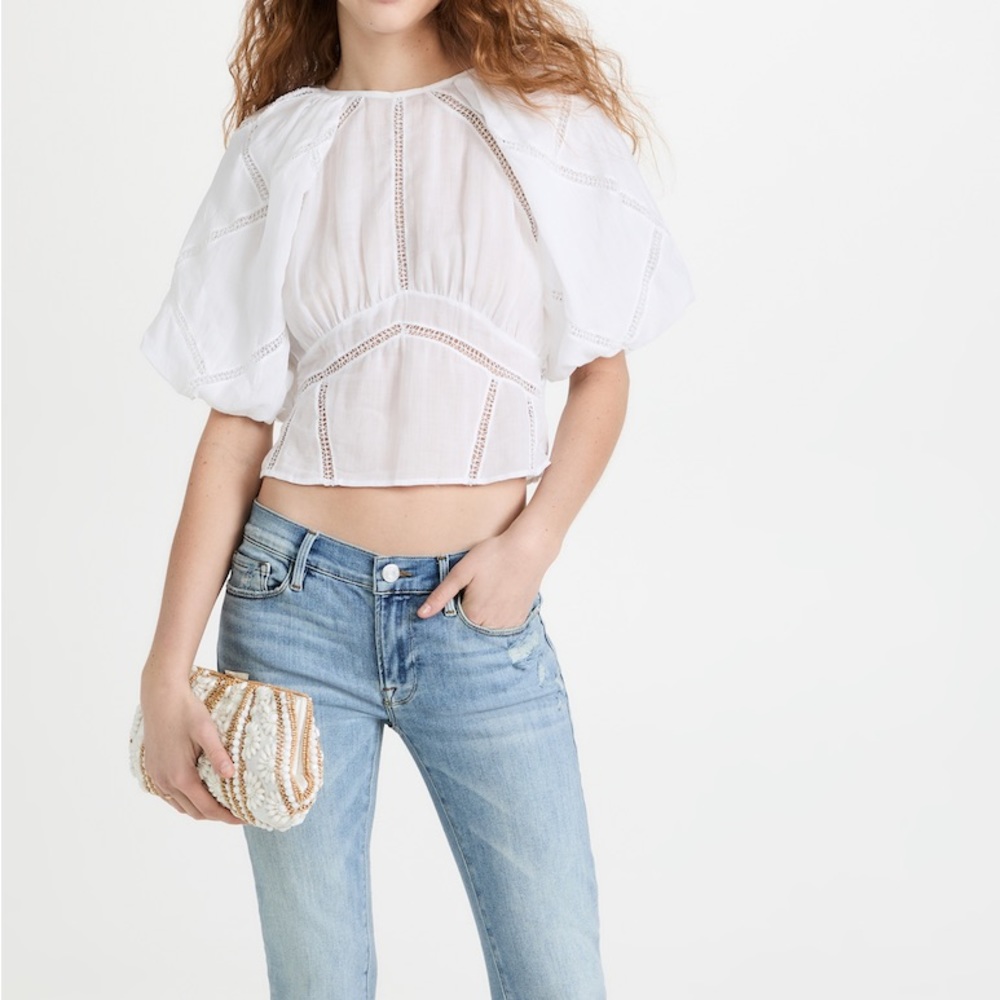 Frame Inset Lace Gathered Seam Top, Size S, White
